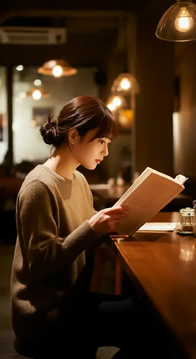 カフェで読書する女性（縦）
